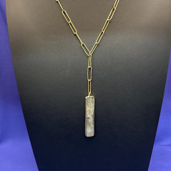 Serefina “Paper Clip” Chain & Light Green/Gray Stone Pendant Necklace - Picture 7 of 14